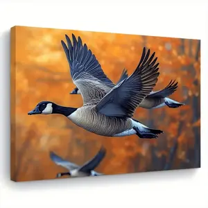 2D Flat, 1 Piece Wooden Frame Canvas Painting - Elegant Canada Goose Flying Wall Art, Autumn Landscape with Vibrant Fall Leaves, Ready to Hang Horizontal Decoration, Suitable for Living Room, Bedroom, Kitchen, Ideal Gift for Nature Lovers, Bedroom Artwork