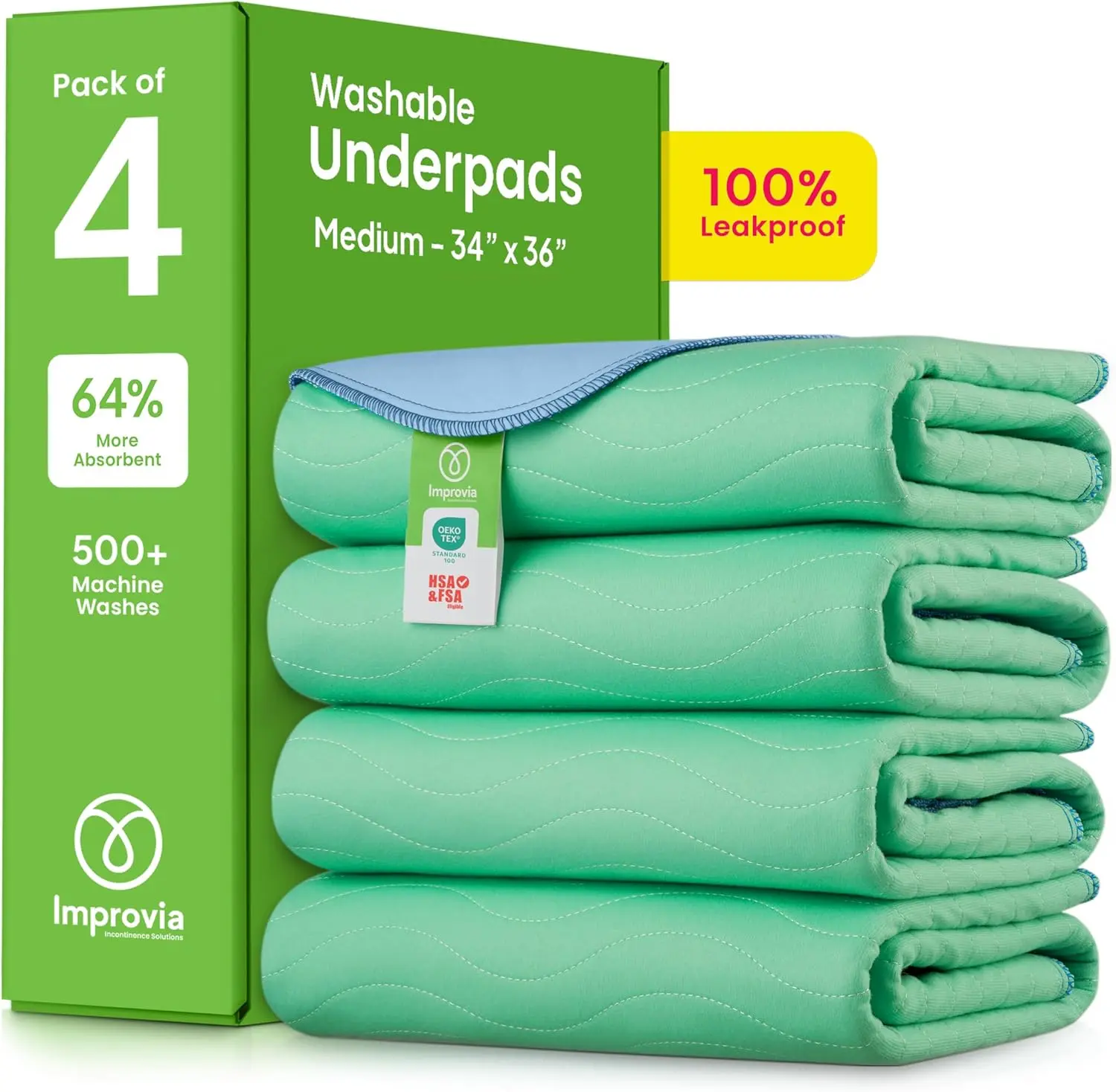 Washable Underpads, 34" x 36" (Pack of 4) - Heavy Absorbency Reusable Bedwetting Incontinence Pads for Kids, Adults, Elderly, and Pets - Waterproof Protective Pad for Bed, Couch, Sofa, FloorGift.