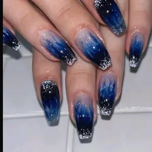 Long Coffin Sparkling Blue Flame Press On Nails 24CT   Nail Art Manicure