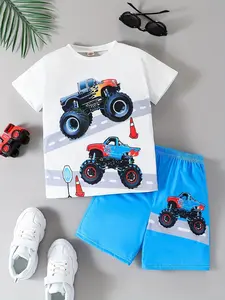 Monster Truck Theme Short Sleeve Set, Blue Color Block Release Boy Energy, Casual Fitted All over Print, Boys' Summer Clothing