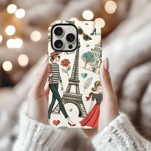 Paris Fashion Illustration Tough Case Eiffel Tower Phone Cover 3D Full Wrap UV Protected Dual Layer Polycarbonate TPU Wireless Charging Compatible iPhone 17 Series