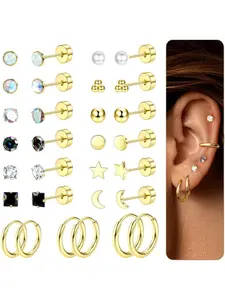 Versatile 15 Pairs Golden Black Cute Ear Studs Hoops 304 Surgical Steel Earrings Set for Women Men Piercing Ear Stud Earrings Hoop Earrings Hypoallergenic Helix Cartilage Flat Back Stud Earrings Multiple Piercings Stud Earrings Jewelry