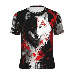【Dual Wolf Blood-Splatter T-Shirt】Gothic Contrast Print Top | Men/Women Oversized Edgy Streetwear | Black & White Wolf Graphic Tee | Trendy Dark Casual Daily Fashion
