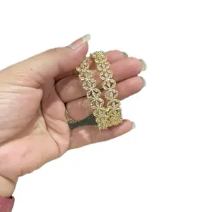 Women's Traditional AD Gold Bangle Bracelets - 2-Piece Flower Design, Shiny Finish, Stackable Elegant Costume Jewelry Accessory