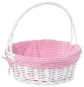 Vintiquewise Large Round White Willow Gift Basket - QI004550PK.L, Pink and White Gingham Liner, Handles, Stackable Storage Bins, Crumbs Containment, Decorative Organiser for Kitchen, Sports & Outdoor Cycling Gear Accessory