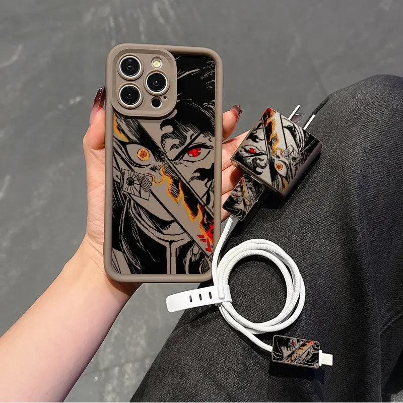 5 Piece Set Anime Phone Case, Charger Head Cover, Cable Protector, Storage Rope, Anti-Drop Tpu Protective Case for iPhone