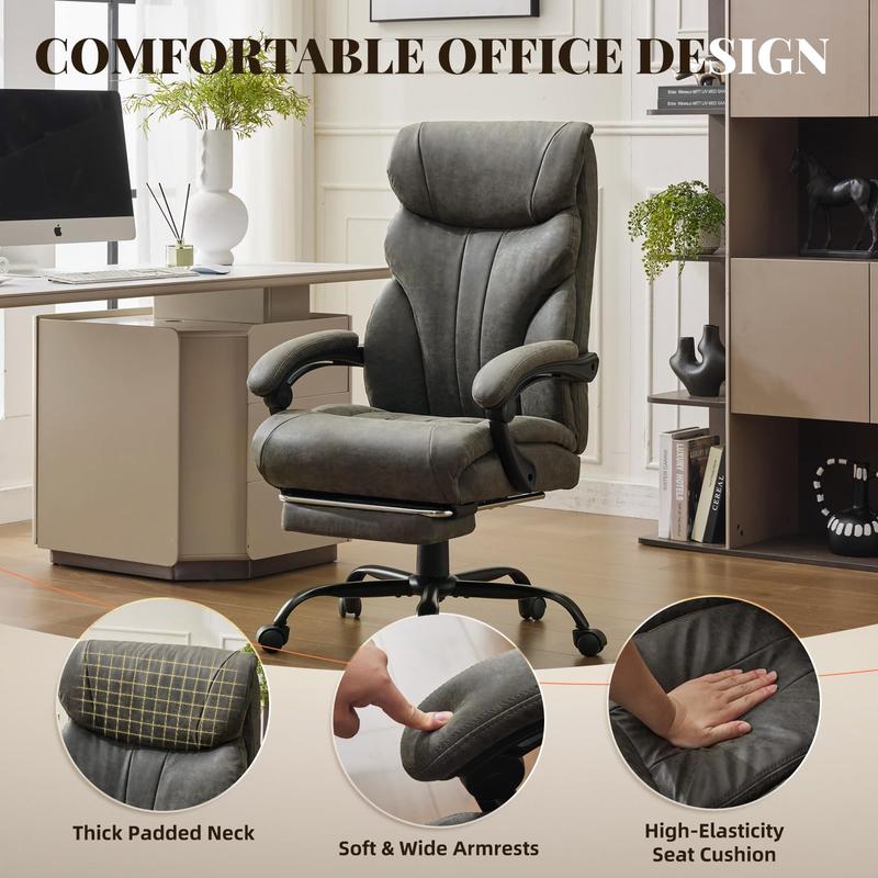 Gray Big and Tall Office Chairs with Foot Rest,500LBS Wide Ergonomic Gaming Chair,100-135°Recline Executive Leather Computer Chairs with Adjustable Height