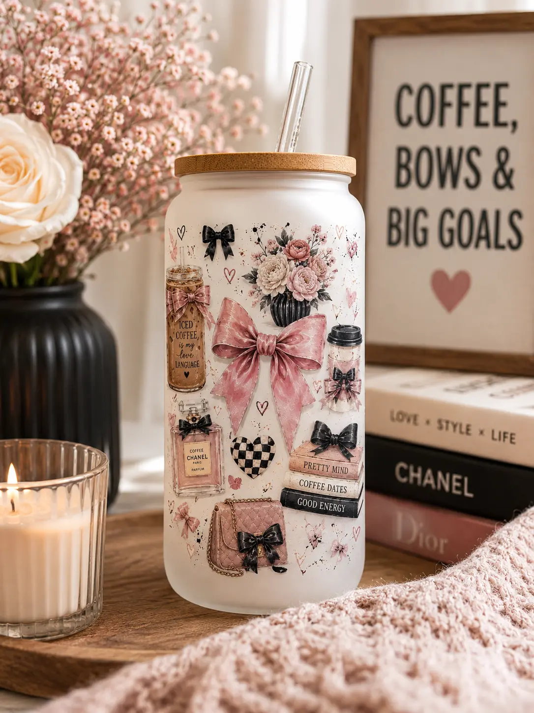 16oz Frosted Glass Can with Bamboo Lid | Coffee Bows & Big Goals | Cute Coquette Iced Coffee Cup Lids