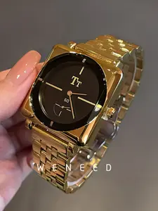 Square Gold Case Watch, Dial with Gold Indices, Subsecond Design, Premium Stainless Steel Strap, Precise Quartz Movement