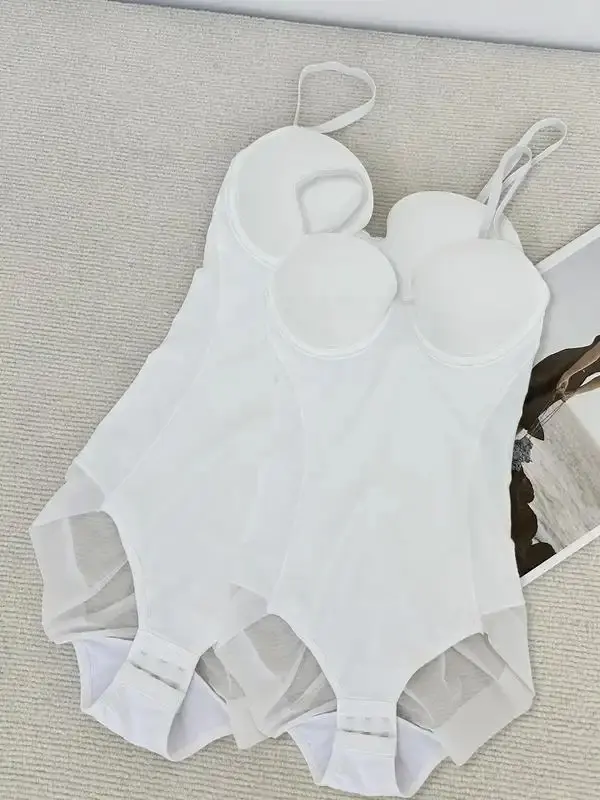 Women's Solid Color Mesh Sheer Cami Shapewear Bodysuit, Adjustable Strap Tummy Control Shaper,  Waist Trainer, Women's Shapewear for All Seasons