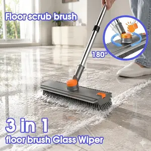 3-in-1 Floor Scrub Brush with Long Handle – Heavy-Duty Stiff Bristles, Bathtub & Shower Cleaner, Patio, Kitchen, Bathroom, Garage, Deck, Easy Wipe Scrubber for Home Essentials | TikTok Trending Outdoor Fun Flexible Mop
