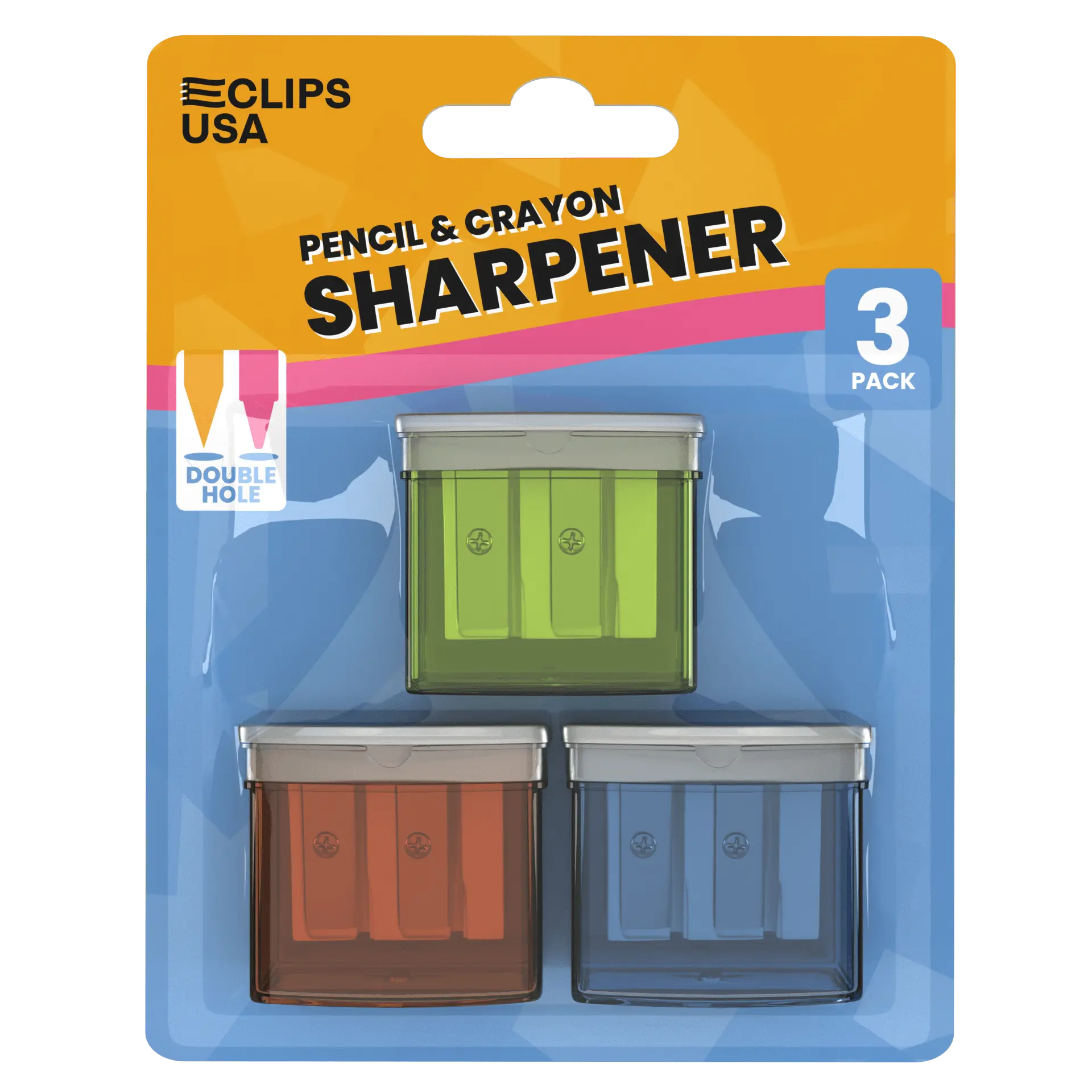 Manual Pencil Sharpeners - Double Hole For Pencil And Crayon, Receptacle Included, Assorted Colors, 3 Pack