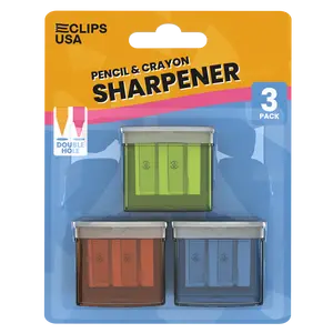 Manual Pencil Sharpeners - Double Hole For Pencil And Crayon, Receptacle Included, Assorted Colors, 3 Pack
