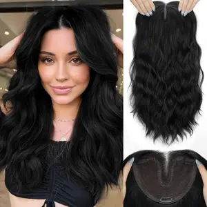HIUSVO Hair Toppers for Women with Thinning Hair, T Part Lace Synthetic Clip in Topper Hair Extensions with Adjustable Band, 16 Inch Curly Wave Adds Volume and Natural Coverage