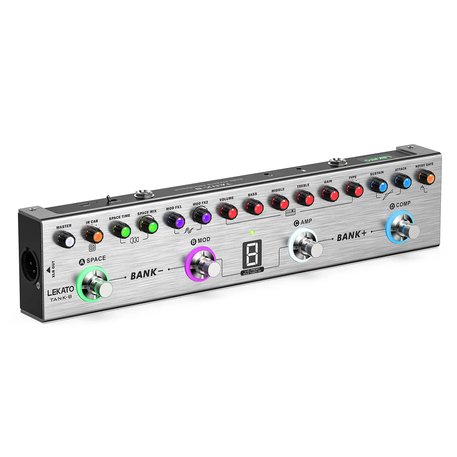 LEKATO Tank-B Bass Multi Effects Pedal, Bass Effects Pedal with 36 Presets, Editable 4 Modules, Amp, Compressor, Mod, Space, Reverb, IR CAB, Tuner, BT Connection, Music Recording