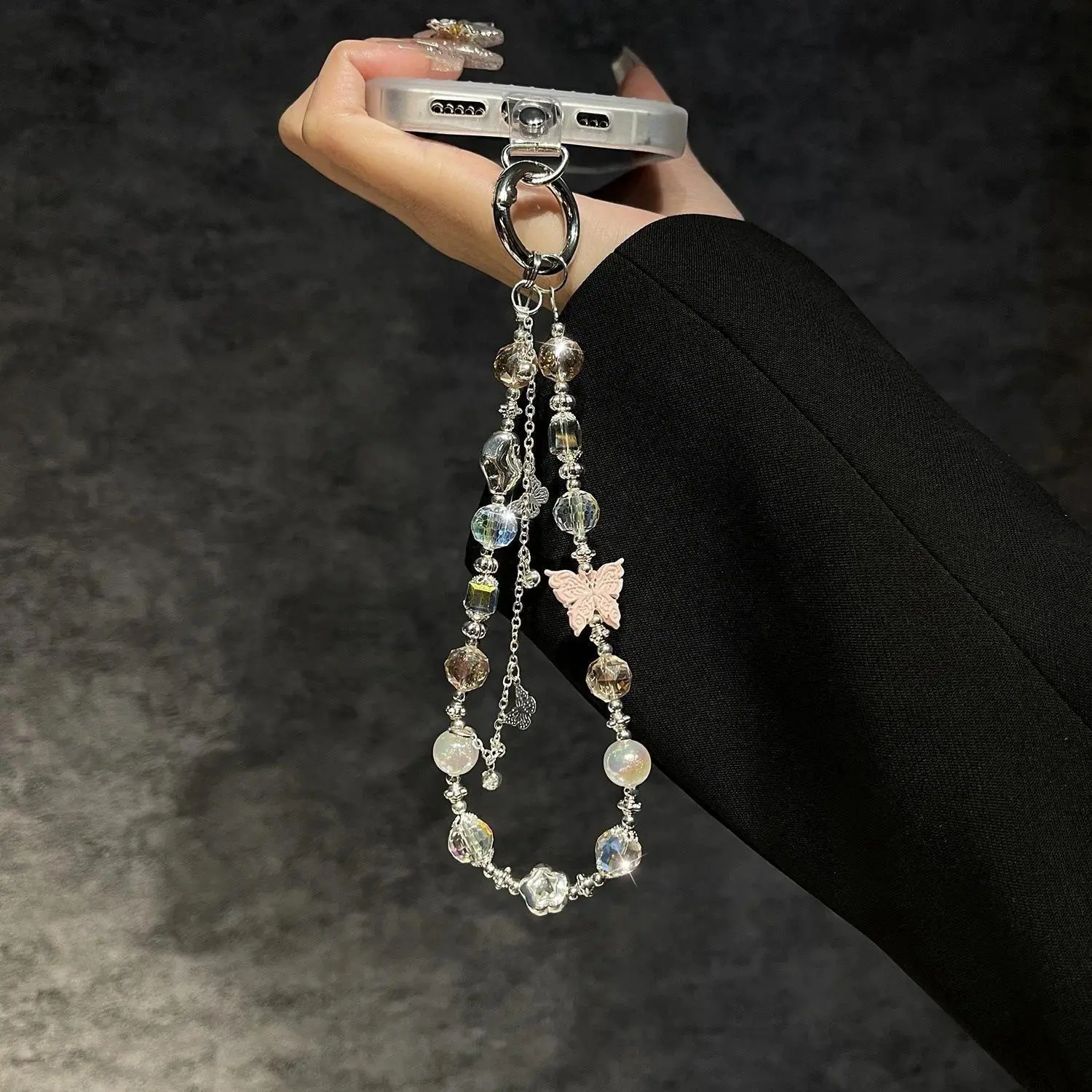 High-End Crystal Butterfly Tassel Beaded Mobile Phone Chain Fashionable Lanyard Pendant Wrist Portable Accessory