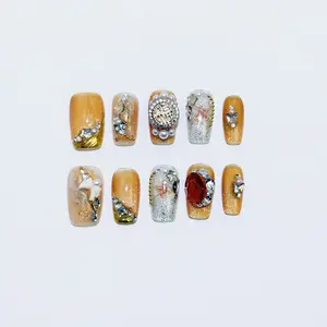 #27 Handmade Luxury Golden Gradient Press-On Nails | Red Gem Gear Butterfly Nail Extensions | Elegant Fall Daily Wear Nails