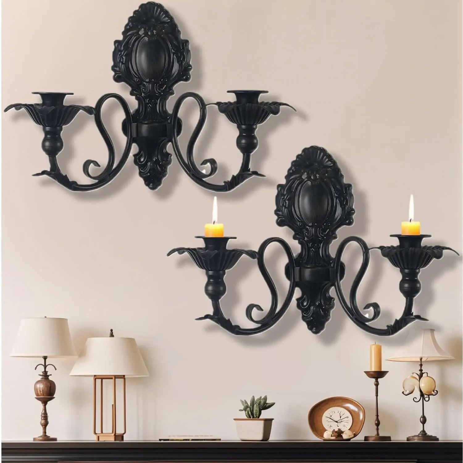 Vexillum 2 Sets Metal Gothic Black Wall-Mounted Pillar Candle Sconce Holders, Vintage Rustic Candelabra Decor for Bedroom, Dining Room, Kitchen, Ideal Gift for Home Decor Enthusiasts