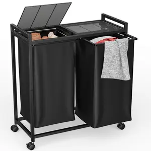 Laundry Hamper with Wheels, 90L Large Double Rolling Laundry Basket 2 Section with Metal Top Lid, Laundry Sorter Clothes Hamper Organizer for Laundry Room, Bathroom, Bedroom Light Compartment