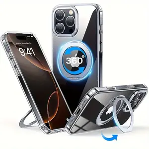 Transparent Magnetic Phone Case Compatible with iPhone 16 Pro and iPhone 16 15 14 13 12 Pro Max, with 360 ° Rotating Stand Holder, Magnetic Adsorption and Shockproof Protection