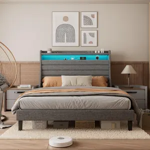 Garvee Bed Frame Queen Size With Headboard, LED Light Queen Size Upholstered Bed With Headboard and Charging Station, 2-Tier Storage, Wooden Slat Support Bed Frame, Easy Assembly, No Box Spring Needed, Grey