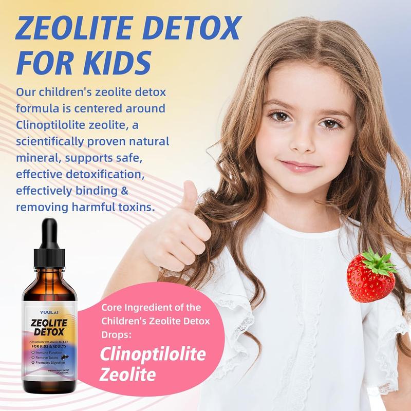 Pack of 2 Zeolite Drops for Kids and Adults, Zeolite Clinoptilolite Liquid with Vitamin B12 & D3 for Gut Health & Immune Support, Strawberry-4 Fl Oz