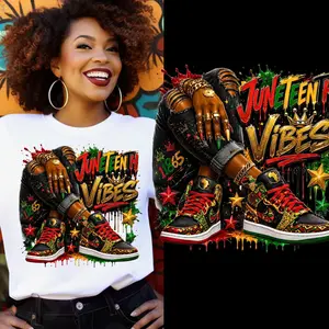 "Juneteenth Vibes" DTF Transfer - Summer Celebration - Suitable For Crafting T-shirts, Bags & Fabric Decor, Washable And Long-Lasting Iron-On Transfer Stickers, Juneteenth Afro Black Women Pride Heat Transfer Stickers
