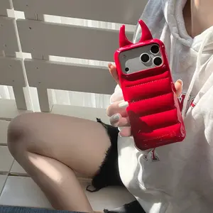 Luxury Devil Horn Puffer Style Phone Case for IPhone 17 Pro Max 16 15 14 13 12 Pro Max Glossy Shiny Appearance Puffy Quilted Texture Cool Street Style Aesthetic Unique Trendy Fashion Daily Gift