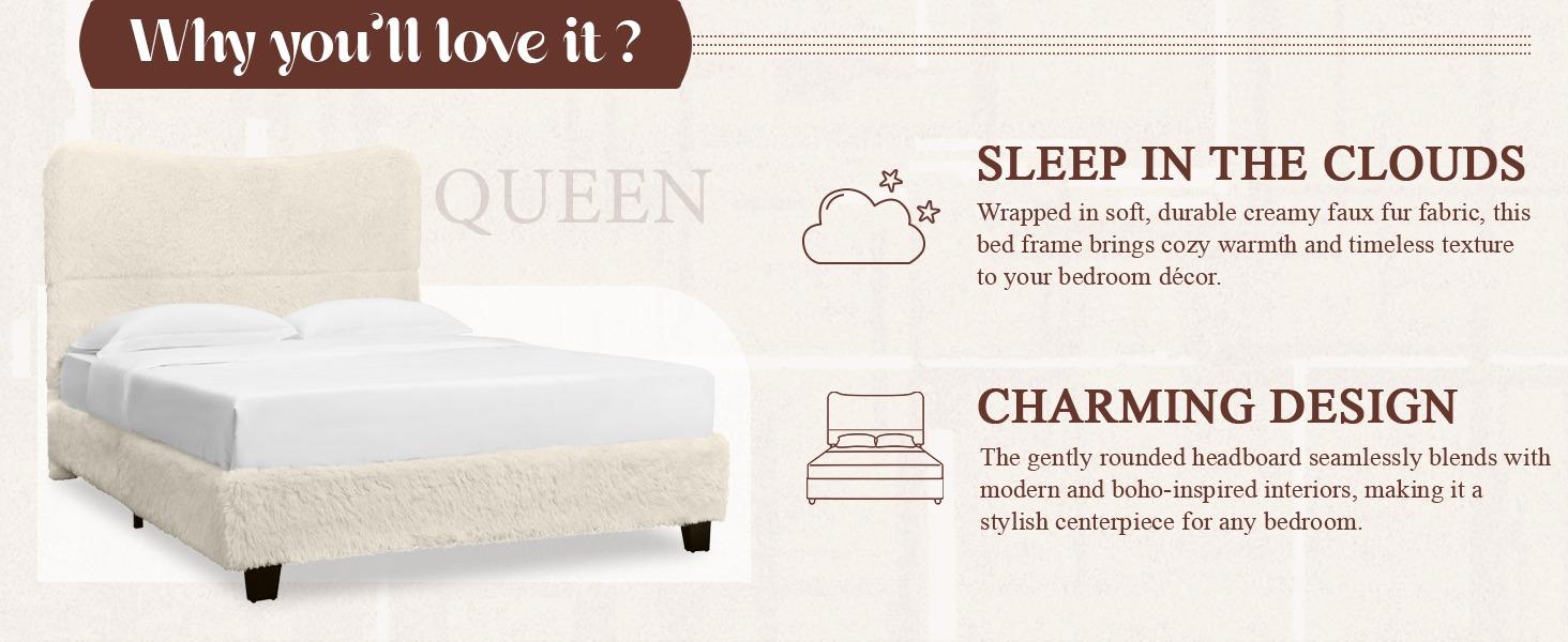 Yechen Bed Frame with Tall Headboard, Round Deluxe Soft Faux Fur Bedframe, Boho Boucle Cloud Upholstered Plush Bed with Metal Frame and Wood Slats, No Box Spring Required, Easy Assembly, (Beige, Grey) (Twin, Full, Queen) Yechen Bed Frame with Tall Headboard, Round Deluxe Soft Faux Fur Bedframe, Boho Boucle Cloud Upholstered Plush Bed with Metal Frame and Wood Slats, No Box Spring Required, Easy Assembly, (Beige, Grey) (Twin, Full, Queen)