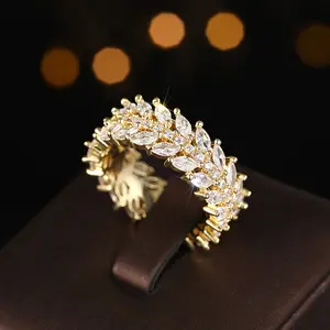 High-end Stylish Willow Leaf Ring, Full Encrusted CZ Minimalist Index Finger Ring for Women