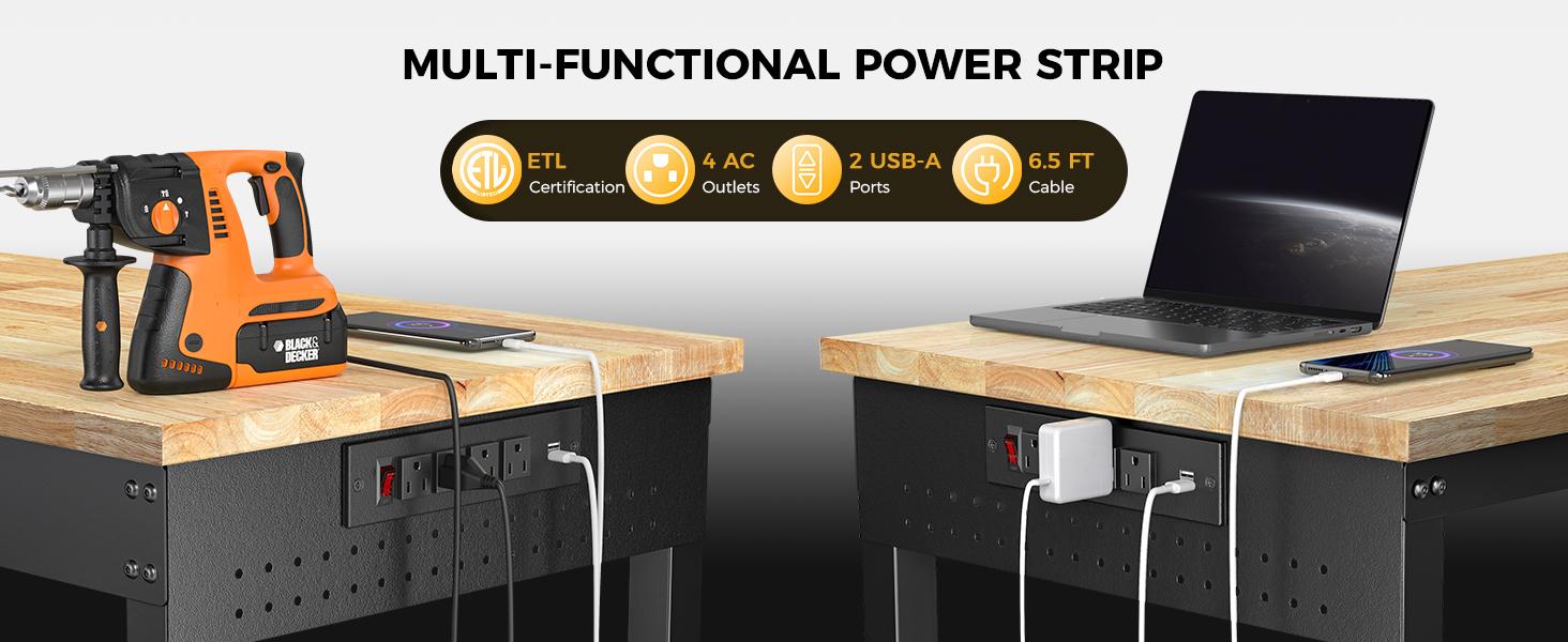 CAMMOO 47.64" Adjustable Heavy Duty Workbench, 2000 LBS Load Capacity Rubber Wood Work Table with Pegboard, Power Outlets, Work Bench for Garage, Workshop, Office, Home, Commercial