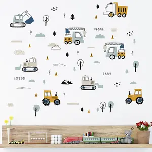 Engineering Cars Crane Excavator Truck Tractor Bulldozer Wall Decals, Cartoon Wall Stickers,3 Sheets Peel and Stick Removable Wall Decors for Daycare, Kid's Room, Boys' Room, Nursery, Baby Room, Bedroom, Playroom