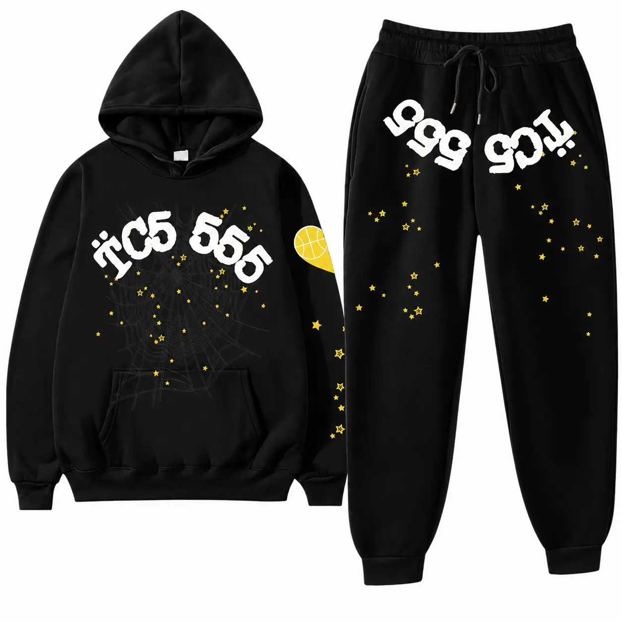 Black Tracksuit Set – Y2K Web Hoodie & Sweatpants, Unisex Streetwear 2-Piece Outfit, Pullover Hoodie Set, Gift for Him & Her