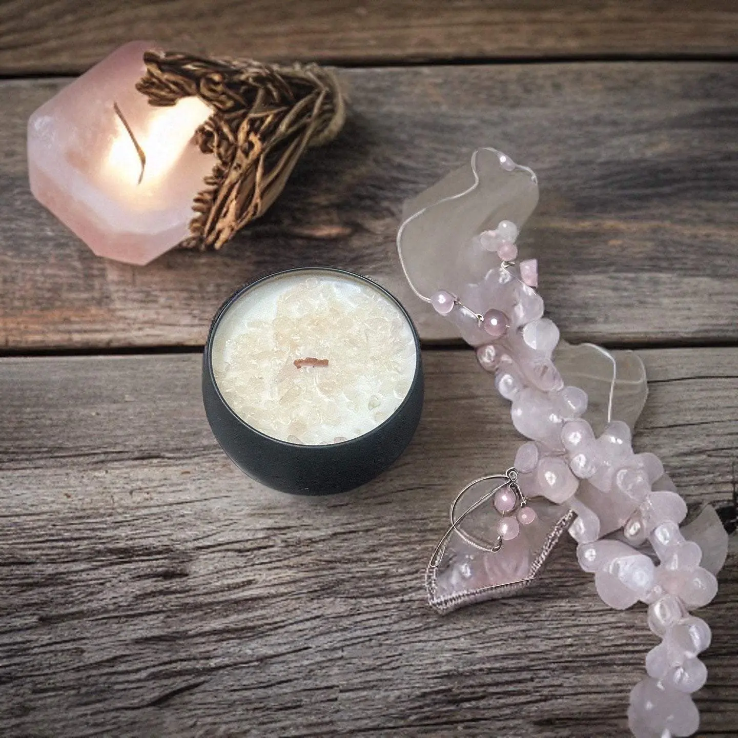 Pixie Dust Crystal Intention Candle Rose Quartz Wooden Wick