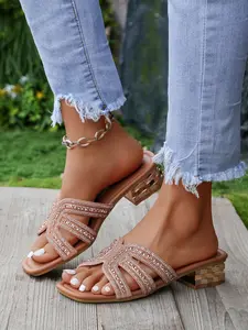 Women's New Champagne Gold Sweet Cool Punk Rhinestone Chunky Heel Sandals, Cross Band Design, Party & Bar Shoes, Spring Summer