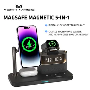 YEAH MAGIC 5-in-1 Wireless Charging Station 23W Fast Charge,with Alarm Clock,LED Night Light,For iPhone,AirPods,iWatch