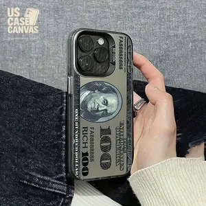 Vibrant Black New $100 Bill Pattern Phone Case for iPhone 11 12 13 14 15 16 iPhone 16 15 14 13 12 11 Pro Max XS XR X 7 8 Plus SE 12 13 Mini Series, Suitable for Christmas and Halloween Gifts Girlfriend Boyfriend Friends