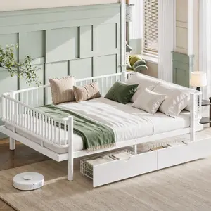 ARCH Queen Size Metal Platform Bed Frame with Built-in Storage Drawers - Self-Assembling, Safety Round-Pipe Design, Low Profile, No Box Spring Needed, MDF+Metal Construction, Light White, for Bedroom & Guest Room, Metal Bed Frames, Built-In Bed Frames