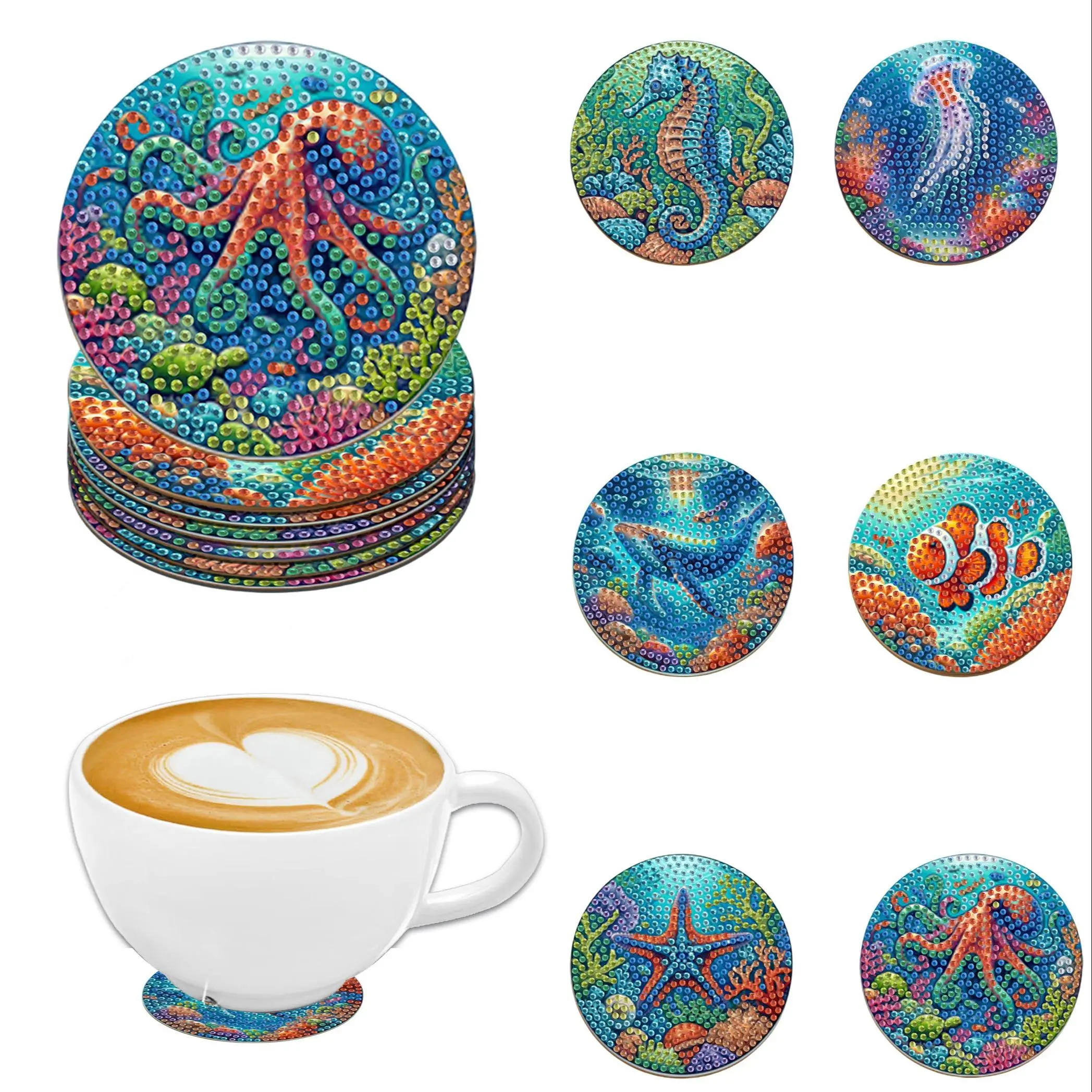 Sea Life Pattern DIY Diamond Arts Colorful Painting Coaster Kit, 6 Counts/set DIY Decorative Coasters for Home Kitchen Office Desk, Home Decoration