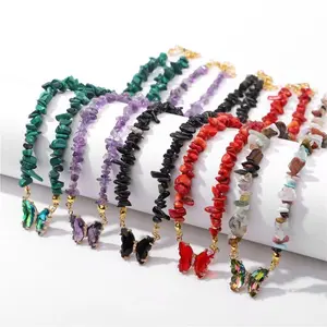 Handmade Amethyst Crystal Chip Necklace, Butterfly Bead Pendant Boho Jewelry for Women & Girls