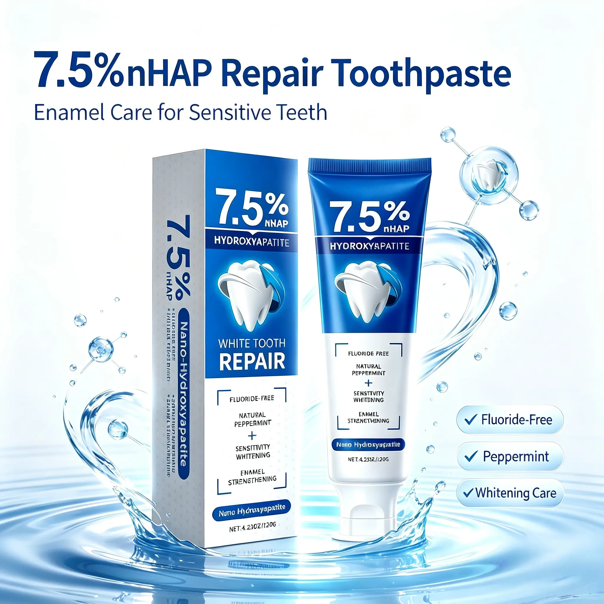 7.5% Nano Hydroxyapatite Fluoride-Free Toothpaste - Gentle Enamel Strengthening, Natural Peppermint, Sensitive Teeth Whitening Oral Care Paste, 120g