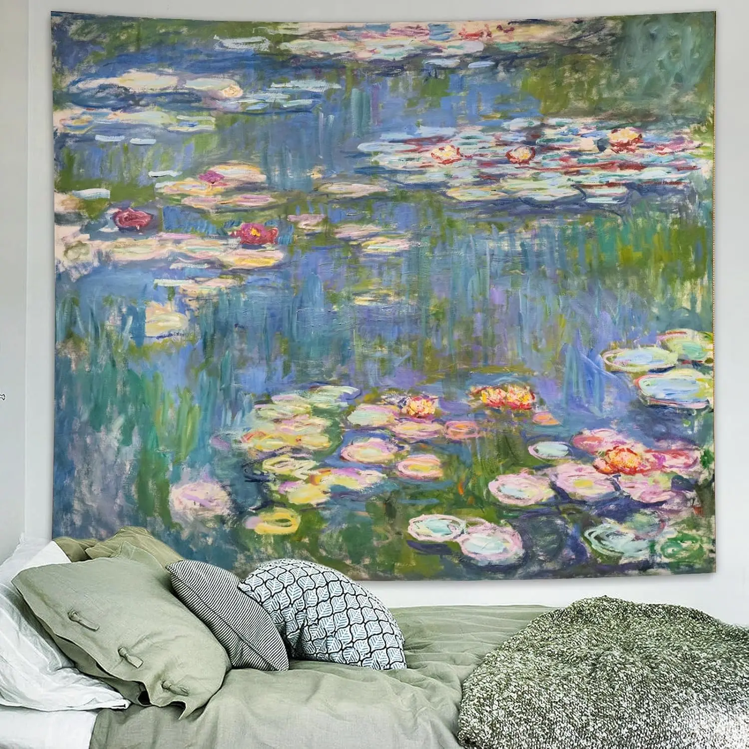 Monet Waterlilies Tapestry Wall Art - Smooth, Lightweight, Wrinkle Resistant, Breathable Classic Green Floral Watercolor Pond Print Botanical Home Inspo Room Art for Bedroom, Living Room Wall Hanging