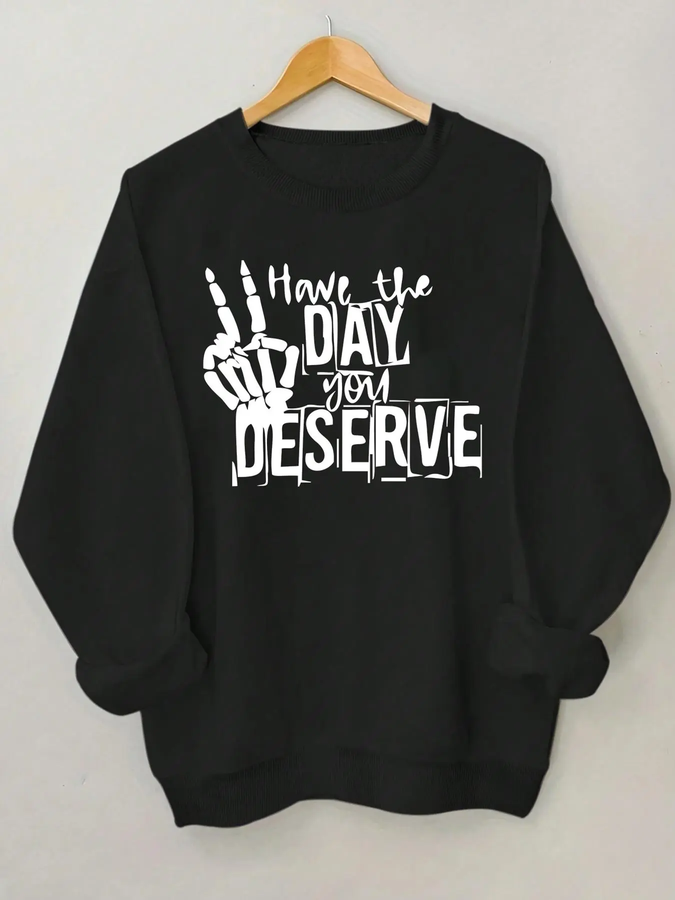 Women's Letter & Skeleton Hand Print Crew Neck Sweatshirt, Casual Long Sleeve Pullover for Fall & Winter, Women's Clothes for Daily Wear