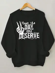 Women's Letter & Skeleton Hand Print Crew Neck Sweatshirt, Casual Long Sleeve Pullover for Fall & Winter, Women's Clothes for Daily Wear