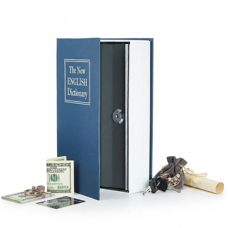 Book Safe Money Saving Box Large Blue Secret Hidden Metal Lock Box with Key Lock for Cash Credit Cards Documents Jewelry Portable Discreet Secure Storage