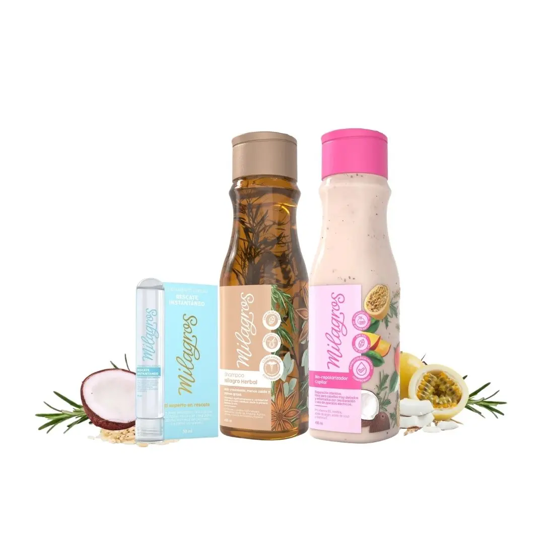 Milagros 3-Pack Coconut Haircare Kit - Non-Toxic, Cruelty-Free, Hypoallergenic Herbal Shampoo, 450ml Biorepolarizador Capilar Cleanser, Ginseng-Rosemary Hair Mask, Instant Rescue Ampoule, Conditioner for Adults' Aging Hair Loss, Frizz Control, Shine