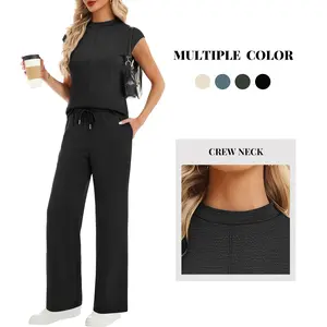 Women's 2-Piece Soft Fabric Minimalist Basic Chic Lounge Set - Mock Neck Cap Sleeve Top, Wide Leg Pants, Casual 2026 Women's Clothes for Travel, Airport Outfits, Clothes