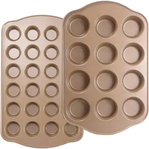 Nonstick Muffin & Cupcake Pan Set (2 Pack) - 12 Cup Regular + 24 Cup Mini Muffin Tins Heavy Duty Gold Carbon Steel, Rust-Resistant, Easy Release