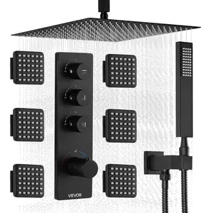 VEVOR Thermostatic Ceiling-Mount Rainfall Shower Faucet Set, 16-in 3-Function Rotatable Square Rain Head, 6 Multi-Jets Body Sprays, Handheld Spray, Complete Brass Valve & Trim Kit with Brass Parts, NPT Threads, Matte Black