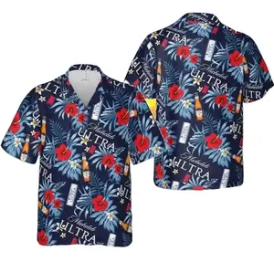 Michelob Ultra Beer Bottle Hawaiian Shirt Red Hibiscus Tropical Leaf Print Beer Fan Gift Unisex Loose Fit Casual Beach Shirt